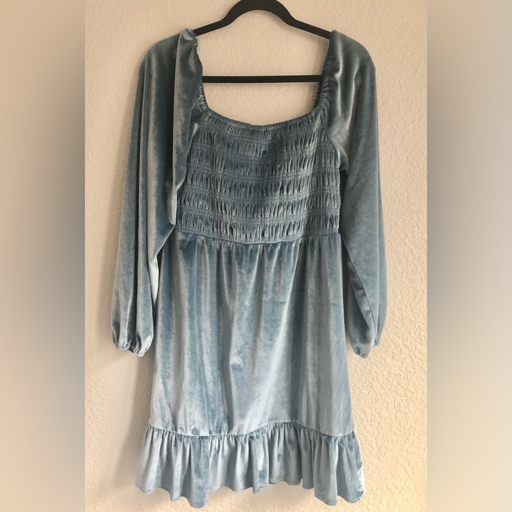 NWT LC Lauren Conrad satin blue square neck velvet mini dress in medium - Picture 8 of 9
